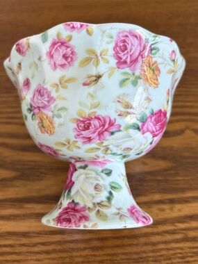 Floral Pink Rose Chintz Pedestal Dish